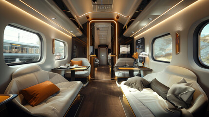 A premium train compartment with spacious seating
