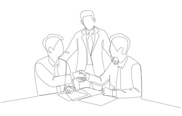 Continuous one line drawing of businessman introducing outsourced employee to his employee to work together, strong business connection, outsourcing to ease workload concept, single line art.