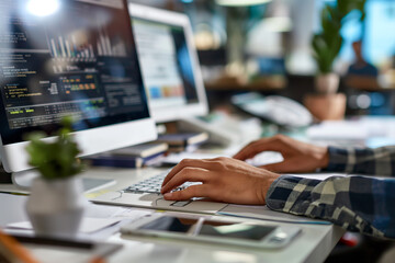 European-American hands using office equipment, focus on detail and function, modern workspace
