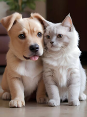 Obraz premium Cute Animal Cat Dog Couple Posing Photography Art