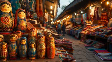 Fototapeta premium A Group of Russian Dolls Are Displayed on a Table in Front of Many Colorful Cloths - Generative AI