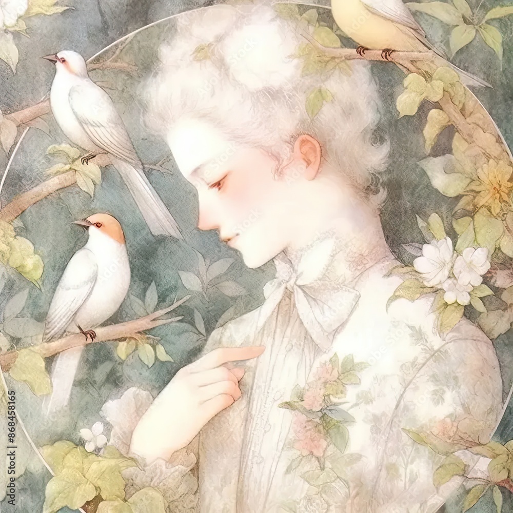 Wall mural a painting of a woman surrounded by birds