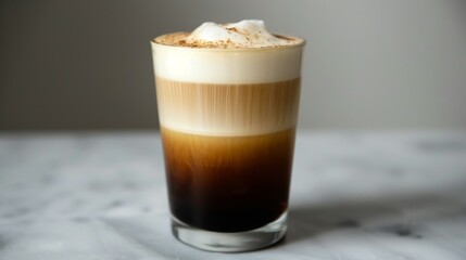 Product photo of nitro cold brew coffee, on slate surface, isolated on light background. studio lighting.	