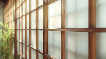 Screen wall designed as a series of cascading wooden frames, filled with frosted glass for an elegant look