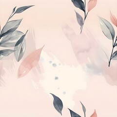 Fototapeta premium Seamless Pattern: Dreamy Watercolor Leaves on Light Pink Background in Minimalist Style 