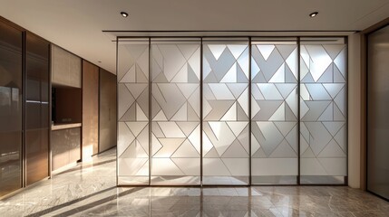Screen wall designed with a mix of frosted and clear geometric glass panels, offering a modernist aesthetic with privacy control