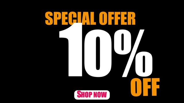 Special offer 10% off shop now, Looping seamless text animation design 4K HD rendering vedio on black background.