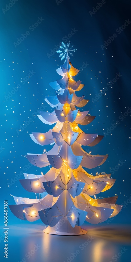 Poster minimalist paper christmas tree with elegant lighting and snowflake topper in a serene indoor settin