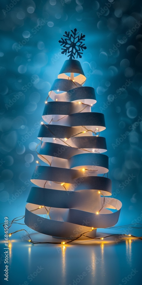 Poster Minimalist Paper Christmas Tree with Sparkling Lights and Snowflake Topper in Moody Blue Setting