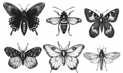 black and white engrave isolated insects illustration Digital illustration, white background