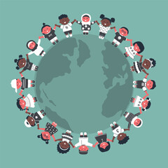 Fototapeta premium Kids around the Globe. Multicultural group of Children Holding Hands, stand around the Planet Earth. Happy Baby Girls, Baby Boys. International Children's Day. Earth Day. Vector illustration.