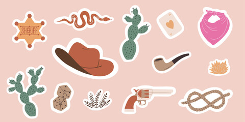 Collection of cowboy theme stickers pack. Cowboy hat, lasso, cactus, snake, sheriff badge, handgun, dice, cards, bandana. Wild west, western design. Hand drawn vector set
