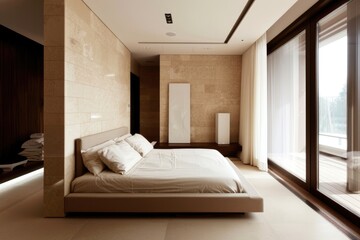 Simple Bedroom. Modern Minimalist Interior Design for Beige Bedchamber