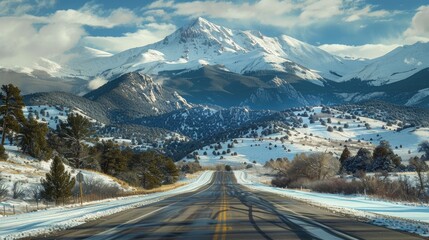 Snowcapped Mountain Landscape: Colorado Highway Leading to Winter Wonderland