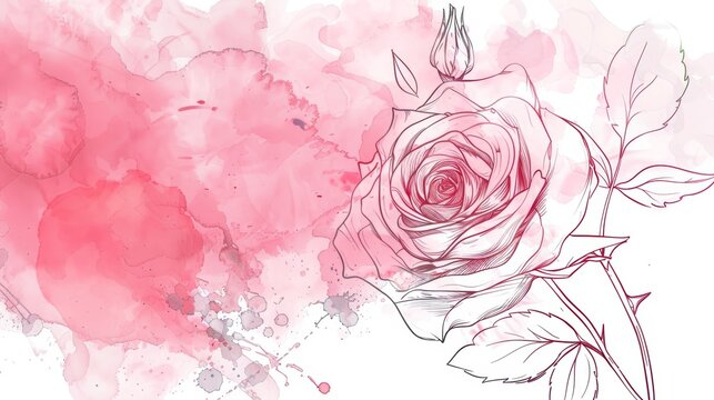 Pink watercolor splash background with elegant line art rose illustration. Soft pastel floral design for romantic and feminine themes, perfect for greeting cards, invitations, and modern digital art