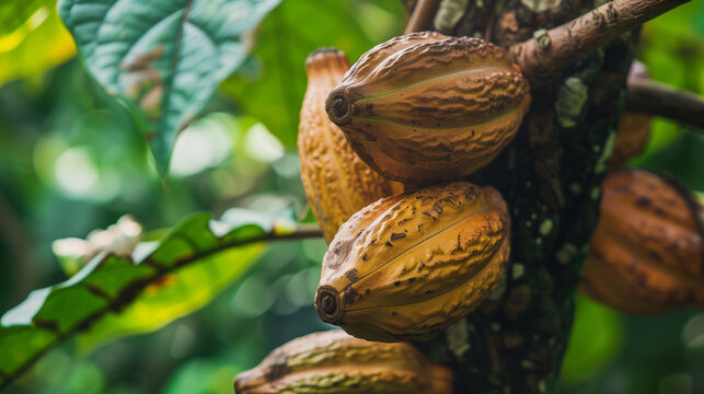 Ripe cocoa pods are clearly visible on the tree, cocoa tree leaves background, Ai Generated Images