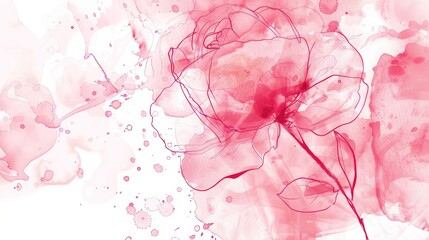 Pink watercolor splash background with elegant line art rose illustration. Soft pastel floral design for romantic and feminine themes, perfect for greeting cards, invitations, and modern digital art