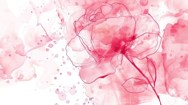 Pink watercolor splash background with elegant line art rose illustration. Soft pastel floral design for romantic and feminine themes, perfect for greeting cards, invitations, and modern digital art