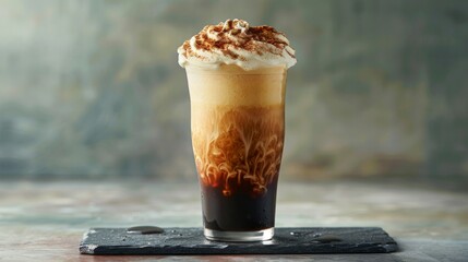 Product photo of nitro cold brew coffee, on slate surface, isolated on light background. studio lighting.	