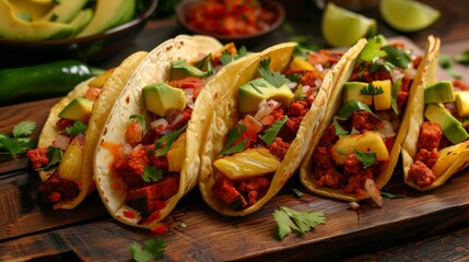 A Close up of a Plate of Tacos on a Wooden Cutting Board With Lime Wedges and Other Garnishes - Generative AI