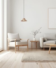 Minimalist interior with white wall, light wood tones, and minimalist furniture