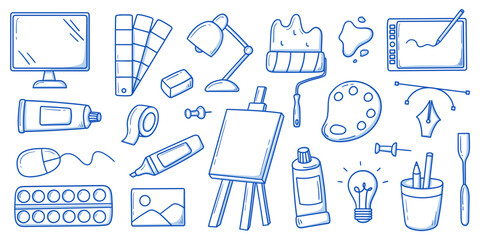 Artist's hand set of tools. Art supplies in sketch style. Easel, brushes, paints, pencils. © Bulgakova Kristina