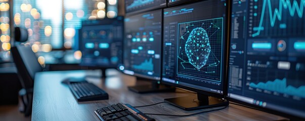 Multiple computer screens display data and graphs in a modern office setting.
