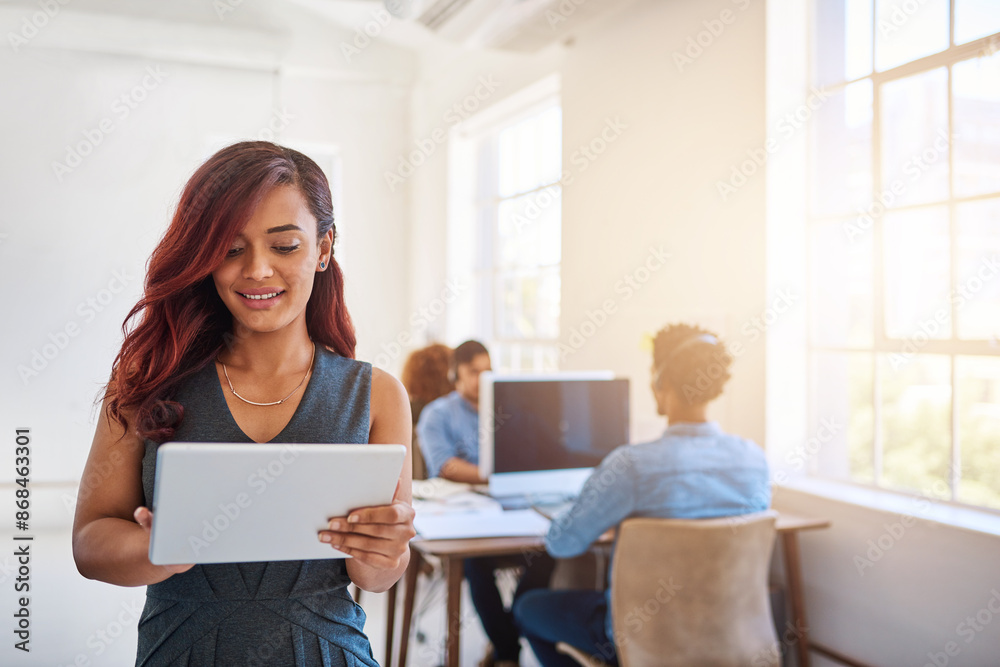 Poster tablet, research and business woman reading email, information or project at creative startup. digit