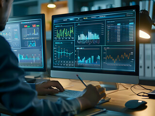 Fototapeta premium Business analysts analyzing data on PC, Data analyzing, business growth analysis, stock market sales analysis, business development concept