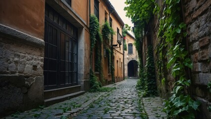 Fototapeta premium A deserted alleyway in an old town with cobblestones and ivy covered walls, evoking timeless charm