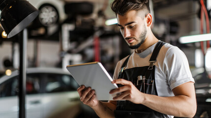 Mechanic in a car repair shop using a digital tablet for diagnostics, illustrating the integration of technology in automotive maintenance and repair