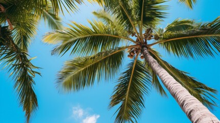 Palm trees as seen from below on a blue sky