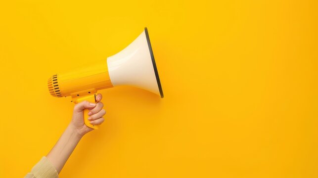 Hand holding megaphone, marketing and sales, yellow background hand megaphone marketing sale concept orange background communication advertising promotion announcement loudspeaker