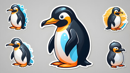 Obraz premium Cartoon penguin sticker set with cute poses, digital illustration, fun, playfulness, innocence