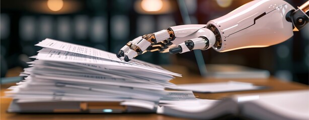 Close-up of a robot hand inspecting papers.