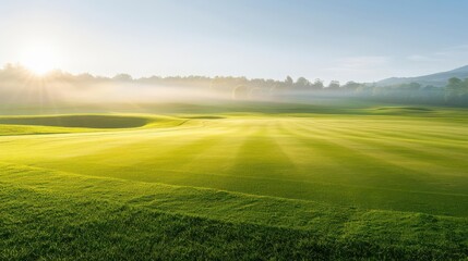 Obraz premium Green golf course at sunrise, a serene and peaceful haven for golf lovers green golf course sunrise serene peaceful lover lush sport relax morning fairway landscape leisure box