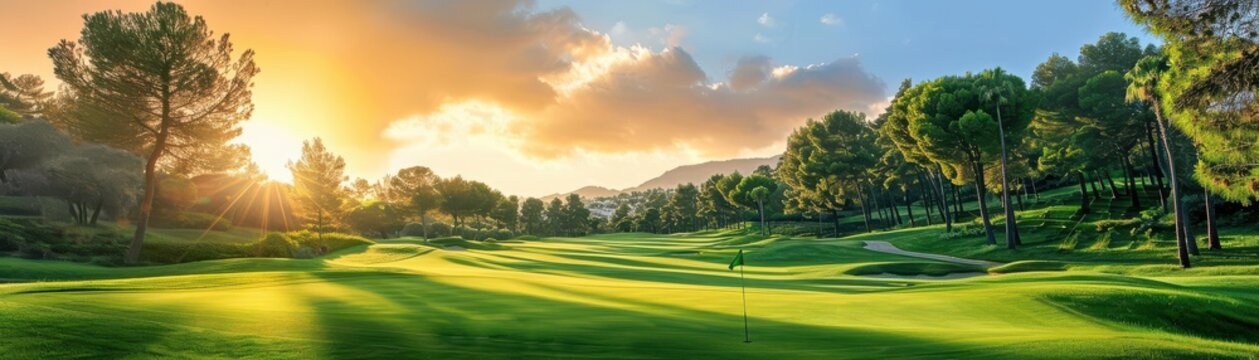 Green golf course at sunrise, a serene and peaceful haven for golf lovers