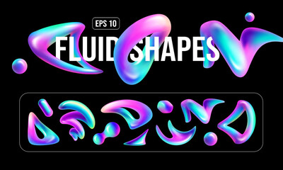 Set of 3D holographic fluid shapes. Isolated vector illustrations.