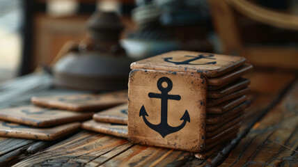 Wooden coasters with black anchor emblems stacked on a rustic table.