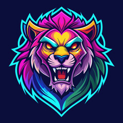 angry colorful lion face mascot logo neon design