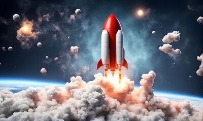 3D rocket in space Business startup and business growth concept, isolated on white background