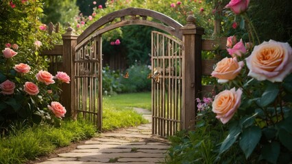 A rustic garden gate opening to a path lined with blooming roses and lush greenery