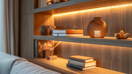 Wooden bookshelf with books and decorative vases, warm lighting.
