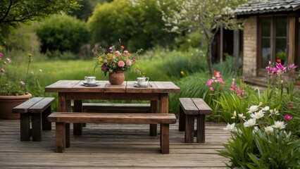 Obraz premium A rustic wooden table set for tea in a blooming garden, perfect for a serene summer afternoon