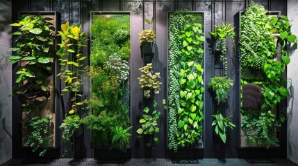 Screen wall featuring a series of vertical planters, each hosting different species of climbing plants, creating a green and vibrant privacy screen