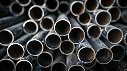 Stack of stainless steel pipes background , metallurgical industry backdrop concept image. 
