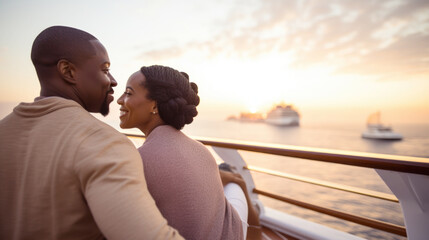 Smiling african american couple on cruise ship enjoying the ocean view, copy space