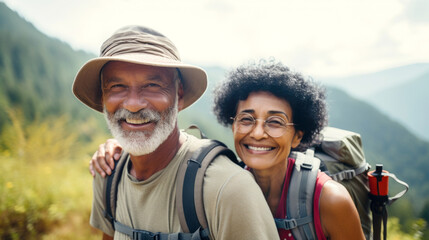 Middle aged couple walking on forest path with backpacks in summer