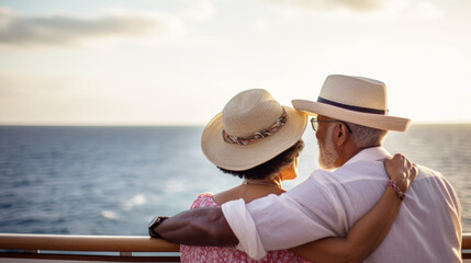 Mature african american couple on cruise ship enjoying the ocean view, copy space