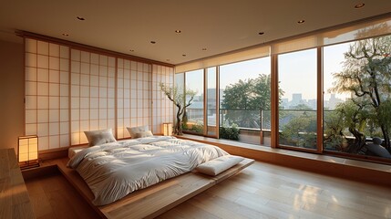 Minimalist bedroom Japanese influences low platform bed shoji screens bright natural lighting